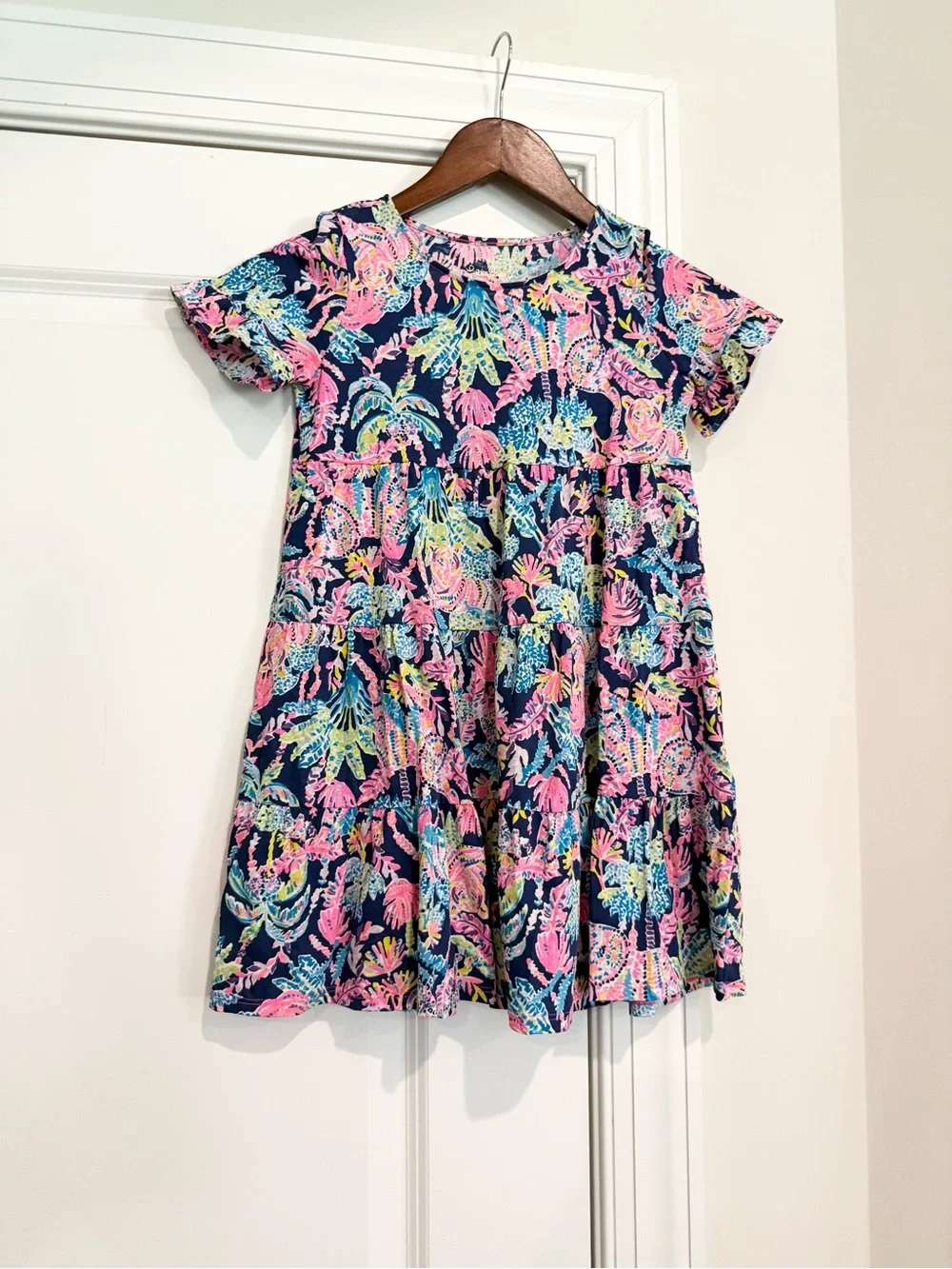 Lilly Pulitzer Navy Floral Tiered Dress with Pink & Blue Accents